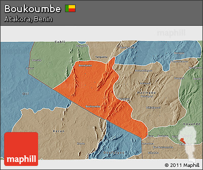 Political 3D Map of Boukoumbe, semi-desaturated