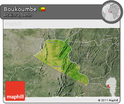Satellite 3D Map of Boukoumbe, semi-desaturated