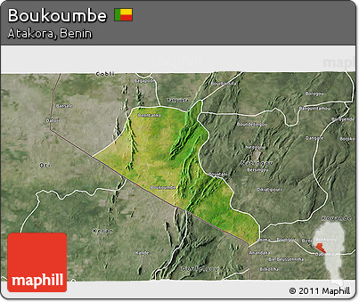 Satellite 3D Map of Boukoumbe, semi-desaturated