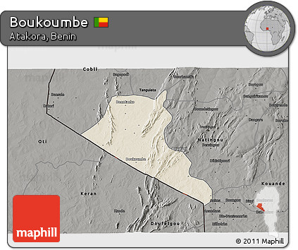Shaded Relief 3D Map of Boukoumbe, darken, semi-desaturated