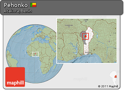 Savanna Style Location Map of Pehonko, highlighted country, highlighted parent region, within the entire country, hill shading