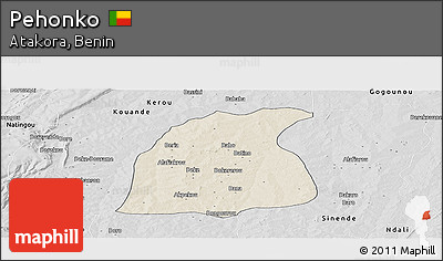 Shaded Relief Panoramic Map of Pehonko, desaturated