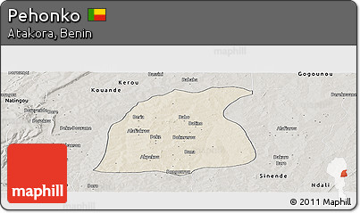 Shaded Relief Panoramic Map of Pehonko, semi-desaturated