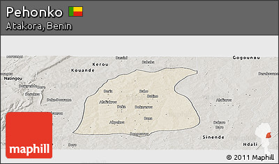 Shaded Relief Panoramic Map of Pehonko, semi-desaturated
