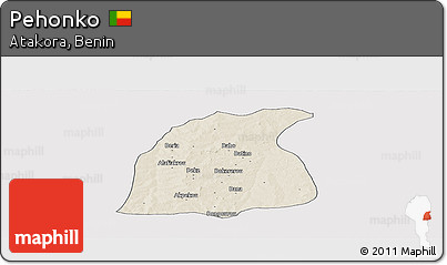 Shaded Relief Panoramic Map of Pehonko, single color outside