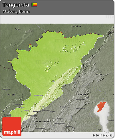 Physical 3D Map of Tanguieta, darken, semi-desaturated