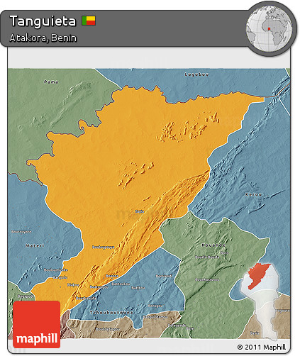 Political 3D Map of Tanguieta, semi-desaturated