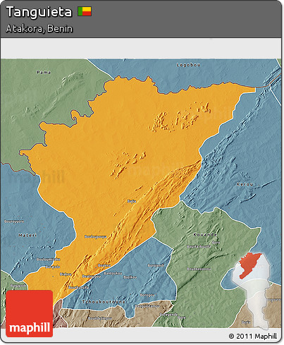 Political 3D Map of Tanguieta, semi-desaturated