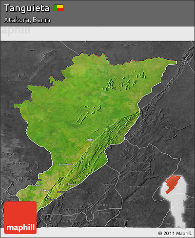 Satellite 3D Map of Tanguieta, darken, desaturated