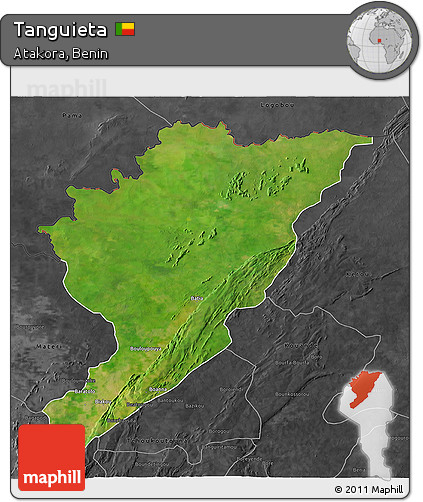 Satellite 3D Map of Tanguieta, darken, desaturated