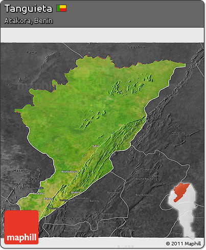 Satellite 3D Map of Tanguieta, darken, desaturated