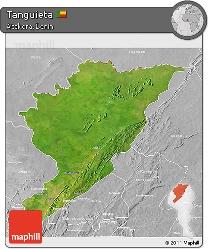 Satellite 3D Map of Tanguieta, lighten, desaturated