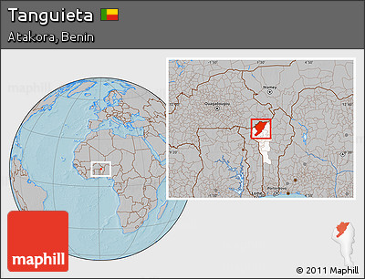 Gray Location Map of Tanguieta, highlighted parent region, hill shading