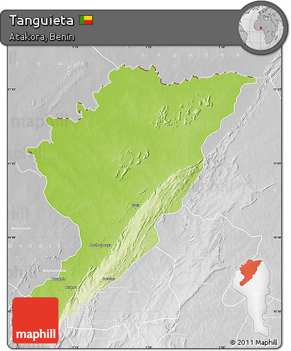 Physical Map of Tanguieta, lighten, desaturated