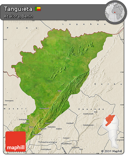 Satellite Map of Tanguieta, shaded relief outside