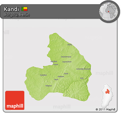 Physical 3D Map of Kandi, cropped outside