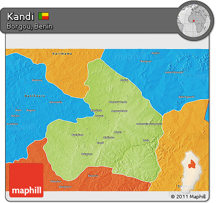 Physical 3D Map of Kandi, political outside
