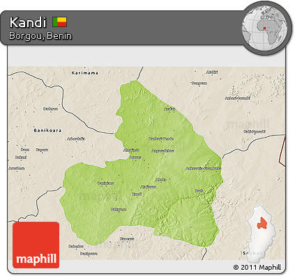 Physical 3D Map of Kandi, shaded relief outside