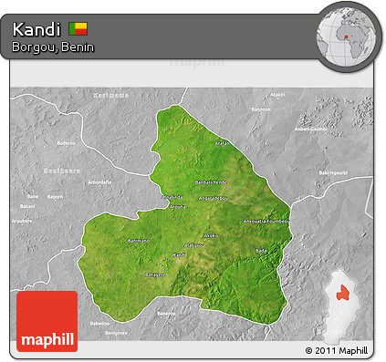 Satellite 3D Map of Kandi, lighten, desaturated