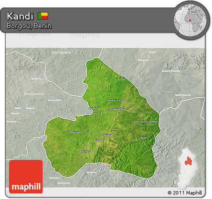 Satellite 3D Map of Kandi, lighten, semi-desaturated