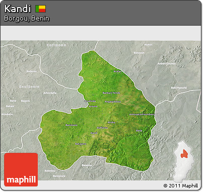 Satellite 3D Map of Kandi, lighten, semi-desaturated