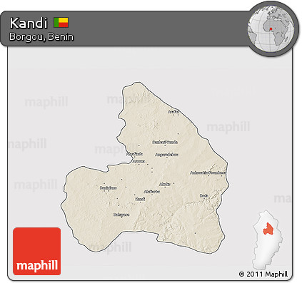 Shaded Relief 3D Map of Kandi, single color outside