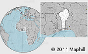 Blank Location Map of Benin, gray outside, hill shading outside