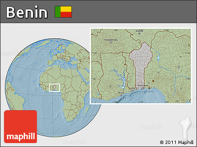 Gray Location Map of Benin, savanna style outside, hill shading