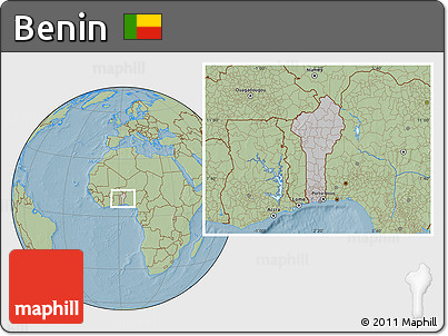 Gray Location Map of Benin, savanna style outside, hill shading