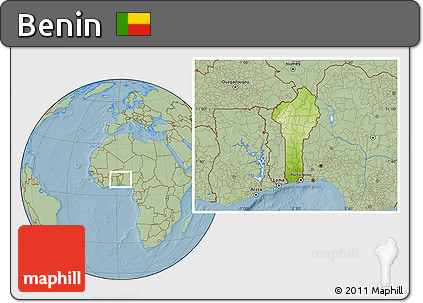 Physical Location Map of Benin, savanna style outside, hill shading