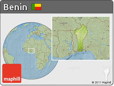 Physical Location Map of Benin, savanna style outside, hill shading