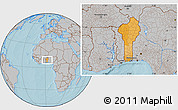 Political Location Map of Benin, gray outside, hill shading