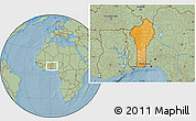 Political Location Map of Benin, savanna style outside, hill shading