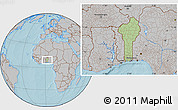 Savanna Style Location Map of Benin, gray outside, hill shading outside