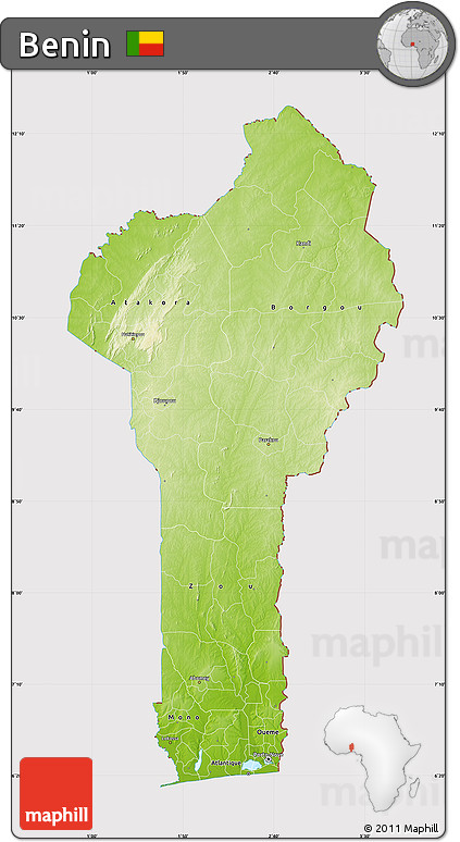 Physical Map of Benin, cropped outside