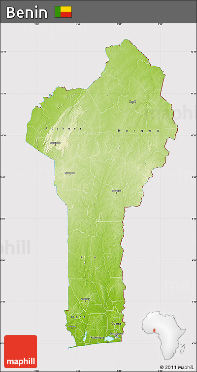 Physical Map of Benin, cropped outside