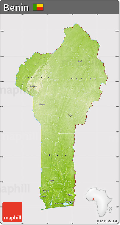 Physical Map of Benin, cropped outside
