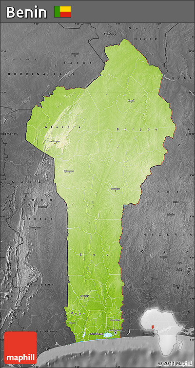 Physical Map of Benin, darken, desaturated