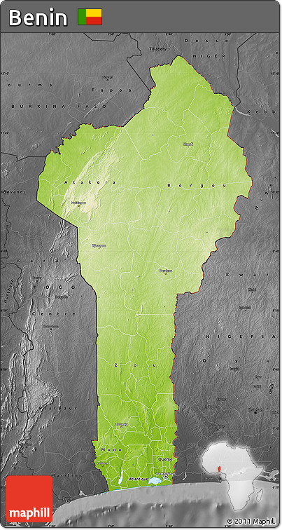 Physical Map of Benin, darken, desaturated