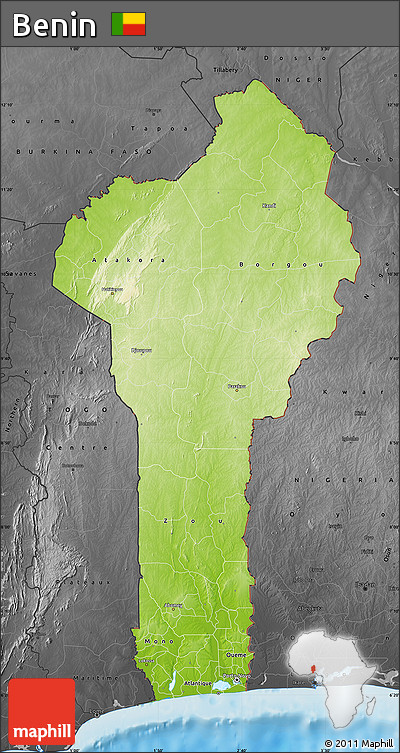 Physical Map of Benin, darken, desaturated, land only