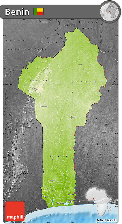 Physical Map of Benin, darken, desaturated, land only