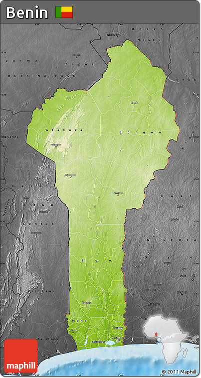 Physical Map of Benin, darken, desaturated, land only