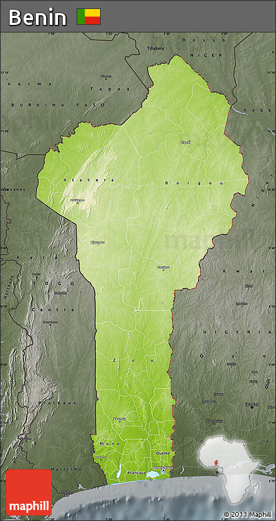 Physical Map of Benin, darken, semi-desaturated