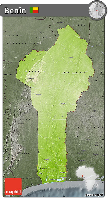 Physical Map of Benin, darken, semi-desaturated