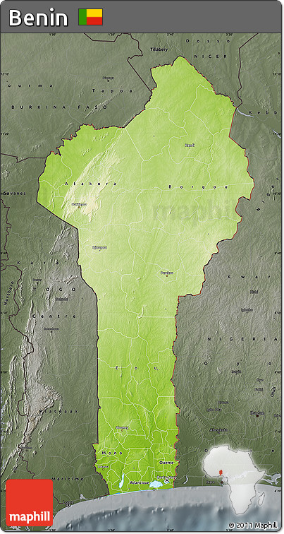 Physical Map of Benin, darken, semi-desaturated