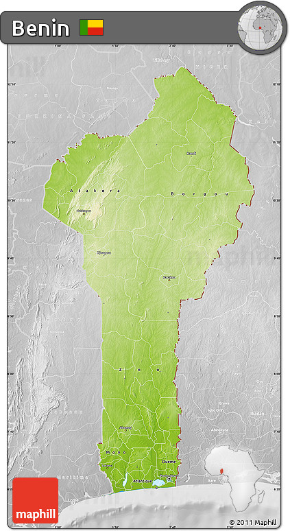 Physical Map of Benin, lighten, desaturated
