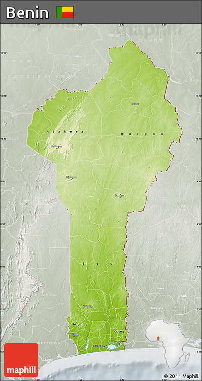 Physical Map of Benin, lighten, semi-desaturated