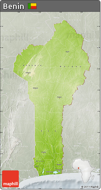 Physical Map of Benin, lighten, semi-desaturated