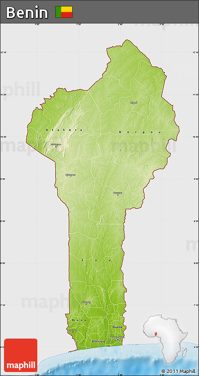 Physical Map of Benin, single color outside