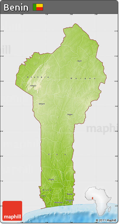 Physical Map of Benin, single color outside